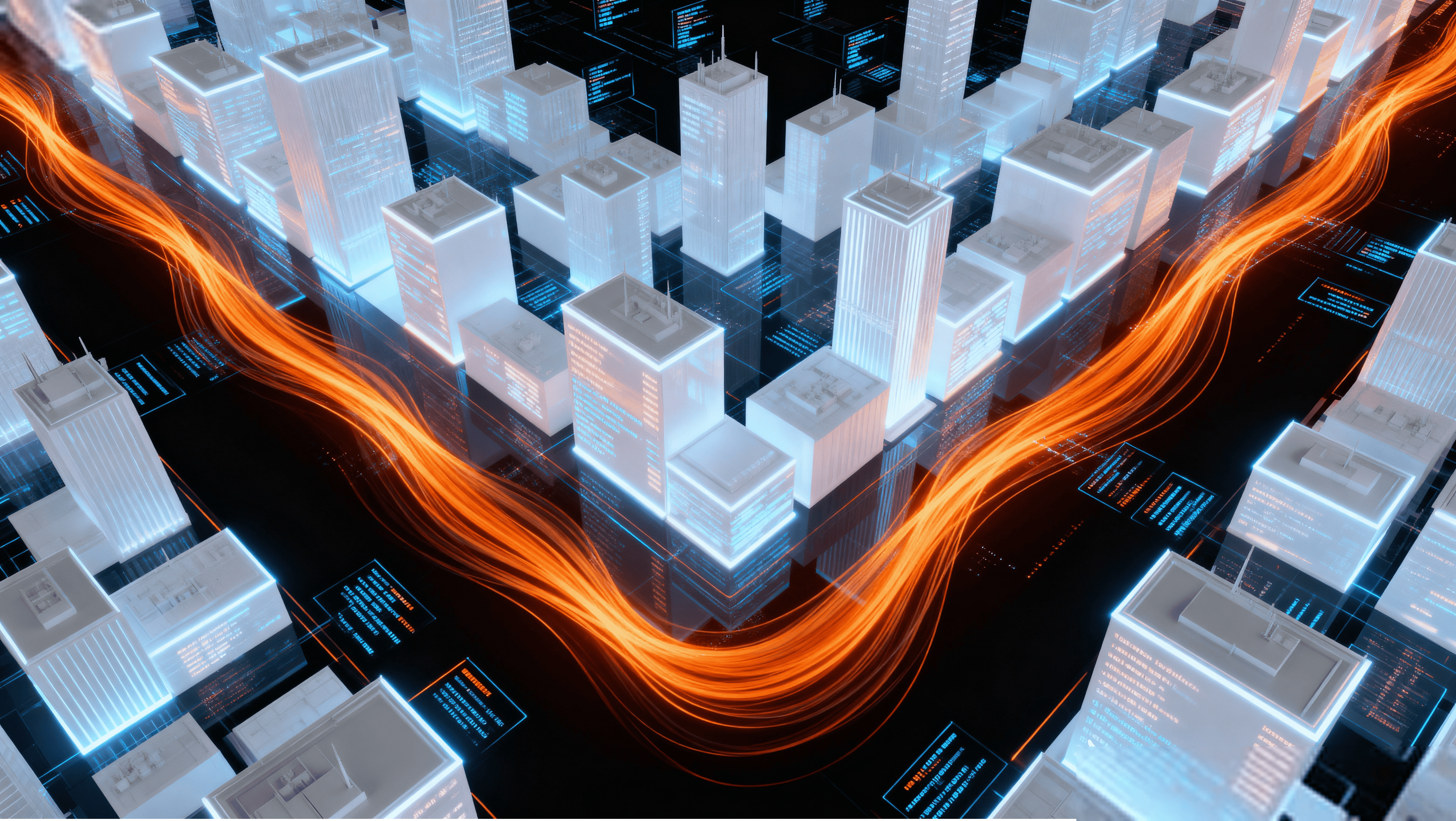 Abstract animation of code transforming into UI