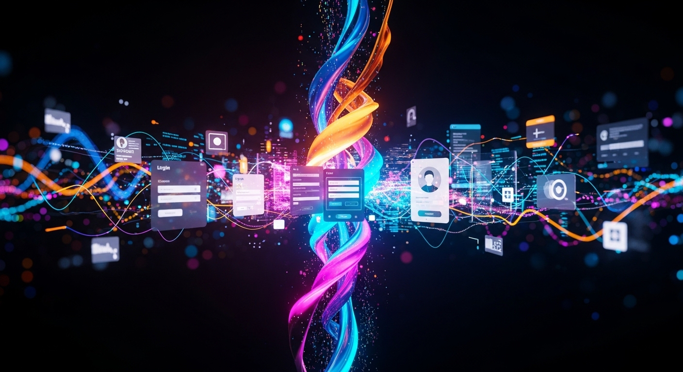 Abstract animation of code transforming into UI